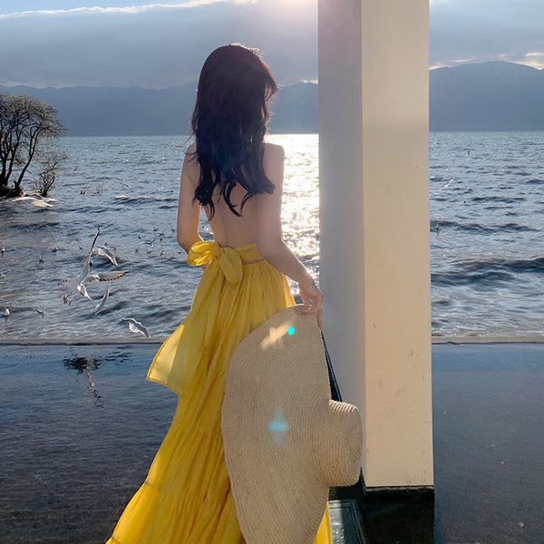 Summer Attractive Sweet Women Halter Neck Backless Bow Big Swing Cake Long Dress