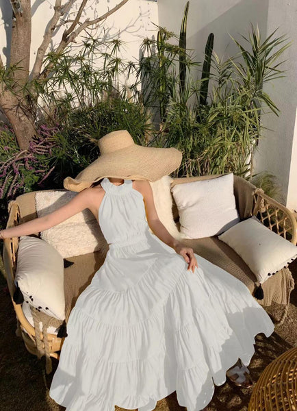 Summer Attractive Sweet Women Halter Neck Backless Bow Big Swing Cake Long Dress