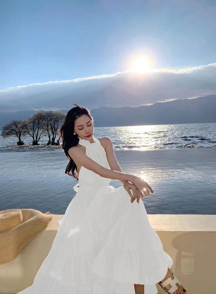 Summer Attractive Sweet Women Halter Neck Backless Bow Big Swing Cake Long Dress