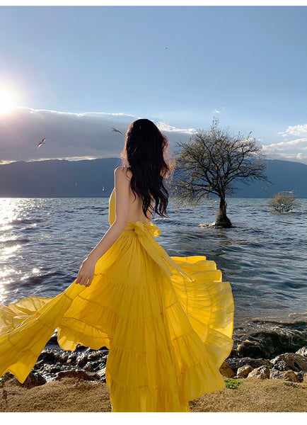 Summer Attractive Sweet Women Halter Neck Backless Bow Big Swing Cake Long Dress