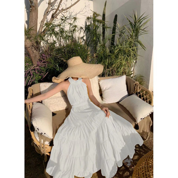 Summer Attractive Sweet Women Halter Neck Backless Bow Big Swing Cake Long Dress