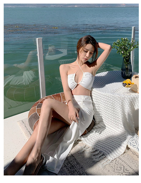 Beach Holiday Temperament Sexy Skirt Long Suit Two Piece Vest Split Side High Slit Dress
