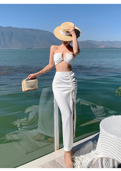Beach Holiday Temperament Sexy Skirt Long Suit Two Piece Vest Split Side High Slit Dress