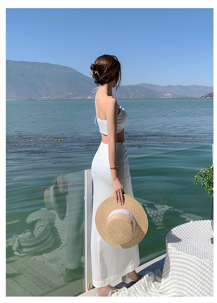 Beach Holiday Temperament Sexy Skirt Long Suit Two Piece Vest Split Side High Slit Dress