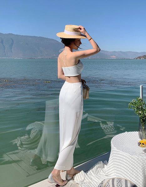 Beach Holiday Temperament Sexy Skirt Long Suit Two Piece Vest Split Side High Slit Dress