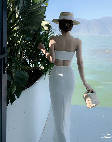 Beach Holiday Temperament Sexy Skirt Long Suit Two Piece Vest Split Side High Slit Dress