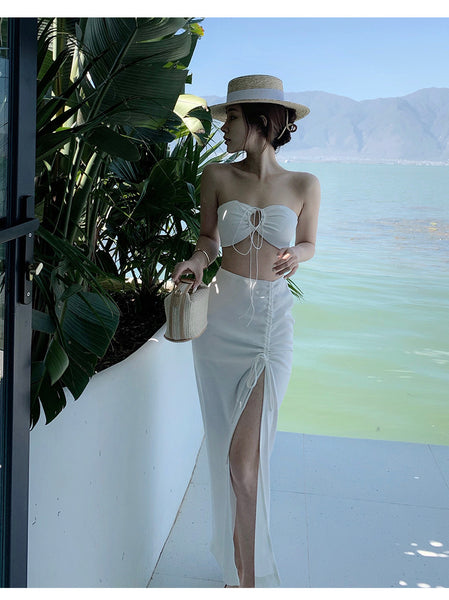 Beach Holiday Temperament Sexy Skirt Long Suit Two Piece Vest Split Side High Slit Dress