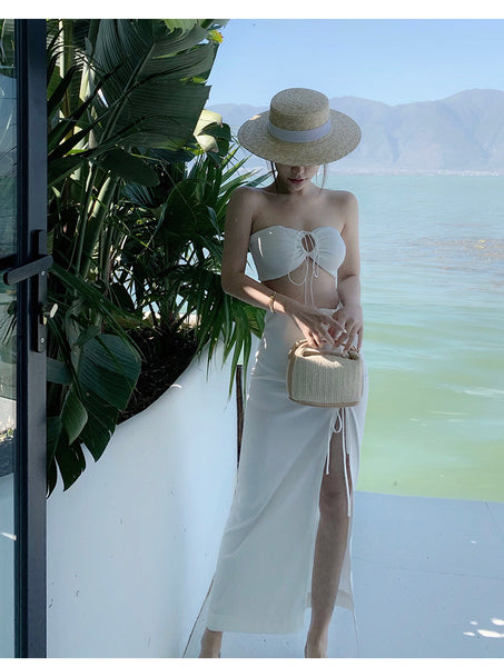 Beach Holiday Temperament Sexy Skirt Long Suit Two Piece Vest Split Side High Slit Dress