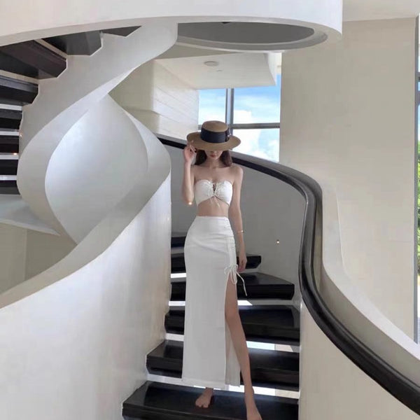 Beach Holiday Temperament Sexy Skirt Long Suit Two Piece Vest Split Side High Slit Dress