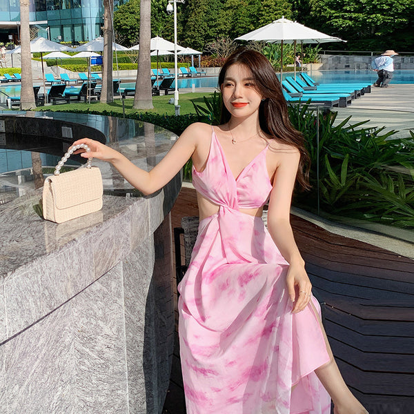 Holiday Sexy Hot Girl Dress Pink Tie Dye V Neck Backless Soft Crepe Sling Dress Long Maxi Skirt