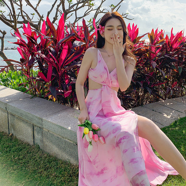 Holiday Sexy Hot Girl Dress Pink Tie Dye V Neck Backless Soft Crepe Sling Dress Long Maxi Skirt