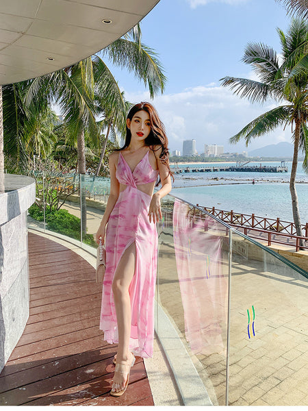 Holiday Sexy Hot Girl Dress Pink Tie Dye V Neck Backless Soft Crepe Sling Dress Long Maxi Skirt