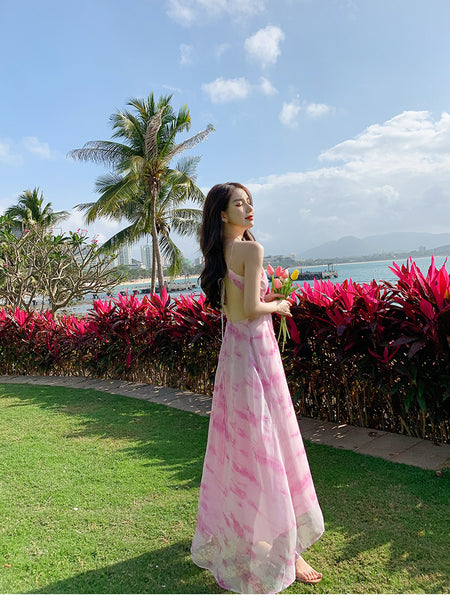 Holiday Sexy Hot Girl Dress Pink Tie Dye V Neck Backless Soft Crepe Sling Dress Long Maxi Skirt