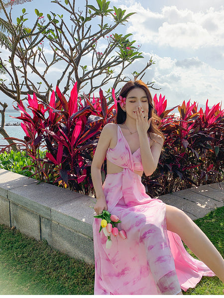 Holiday Sexy Hot Girl Dress Pink Tie Dye V Neck Backless Soft Crepe Sling Dress Long Maxi Skirt