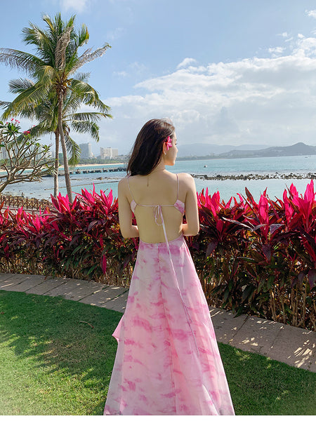 Holiday Sexy Hot Girl Dress Pink Tie Dye V Neck Backless Soft Crepe Sling Dress Long Maxi Skirt