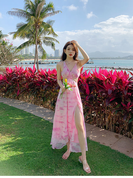 Holiday Sexy Hot Girl Dress Pink Tie Dye V Neck Backless Soft Crepe Sling Dress Long Maxi Skirt