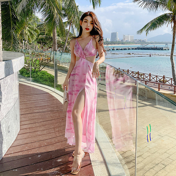 Holiday Sexy Hot Girl Dress Pink Tie Dye V Neck Backless Soft Crepe Sling Dress Long Maxi Skirt