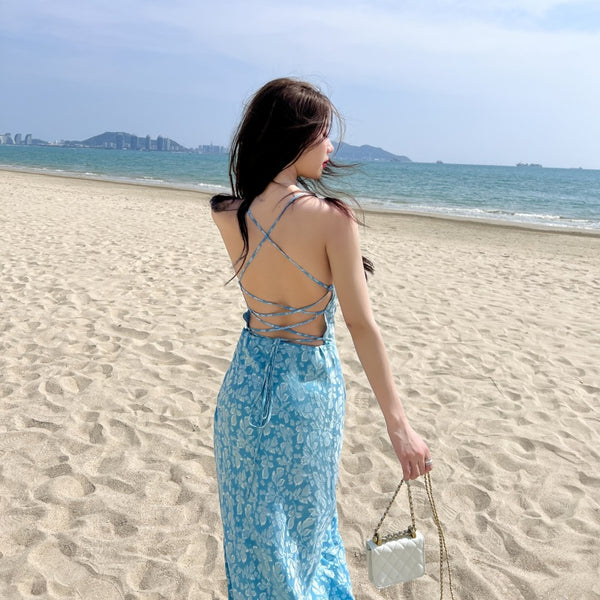 High Quality Holiday Temperament Elegant Sexy Woman Blue Floral Backless Strappy Dress