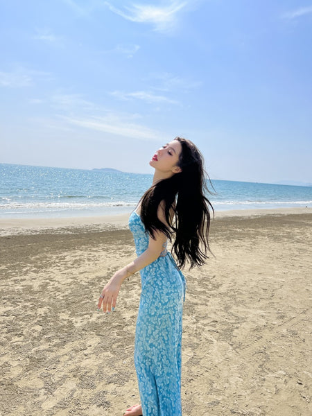 High Quality Holiday Temperament Elegant Sexy Woman Blue Floral Backless Strappy Dress