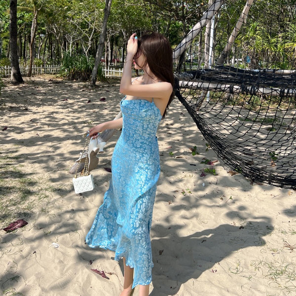 High Quality Holiday Temperament Elegant Sexy Woman Blue Floral Backless Strappy Dress