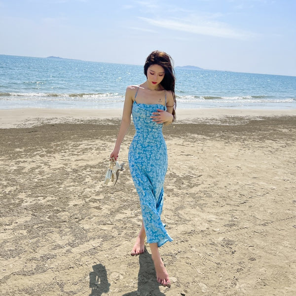 High Quality Holiday Temperament Elegant Sexy Woman Blue Floral Backless Strappy Dress