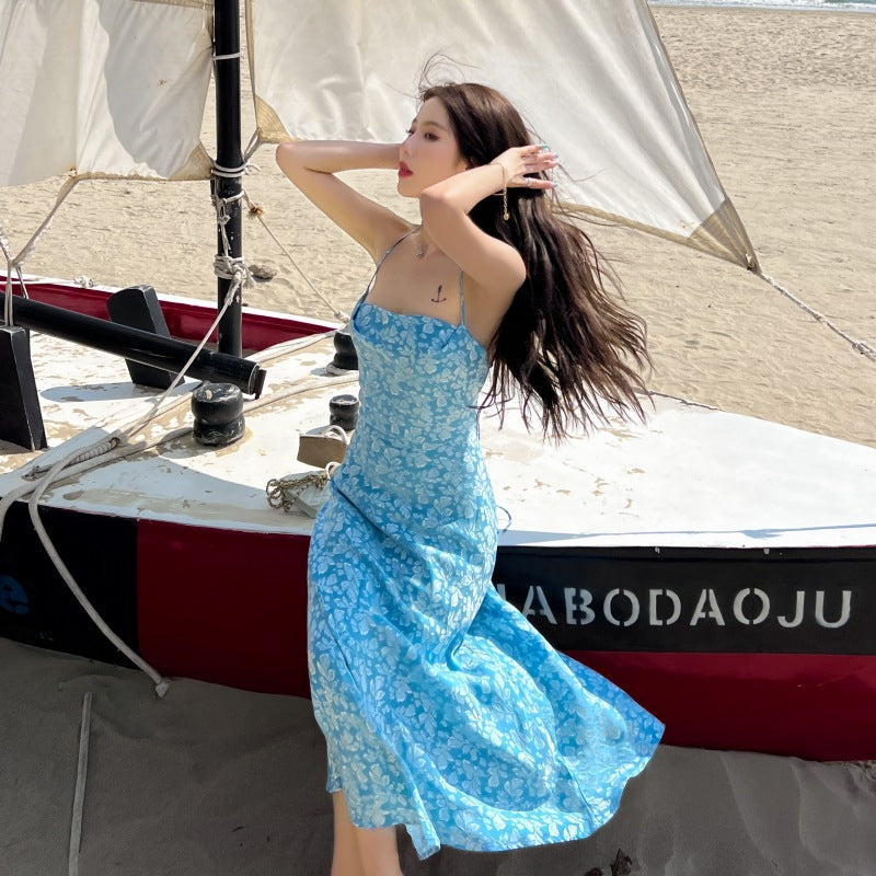 High Quality Holiday Temperament Elegant Sexy Woman Blue Floral Backless Strappy Dress