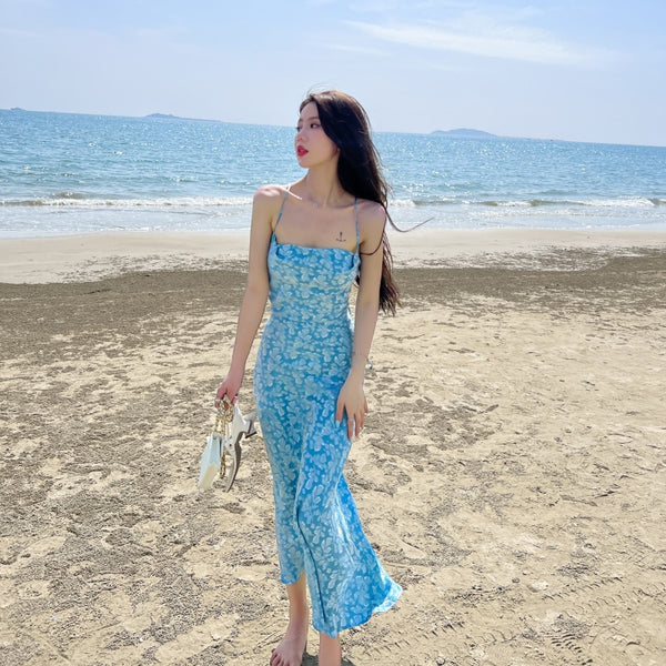 High Quality Holiday Temperament Elegant Sexy Woman Blue Floral Backless Strappy Dress