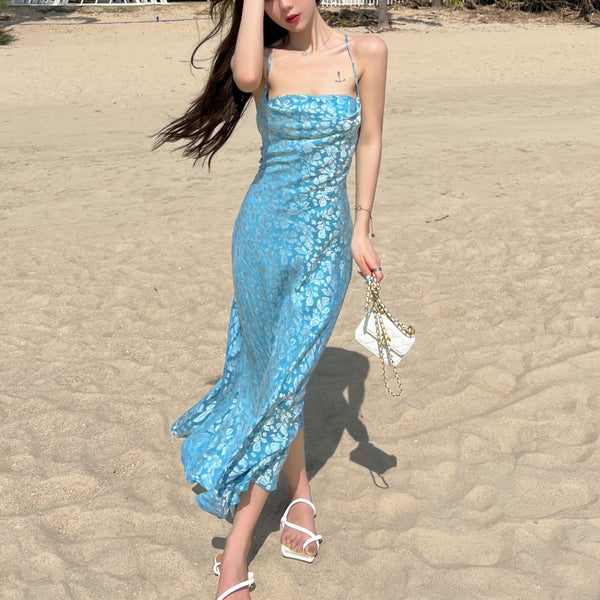 High Quality Holiday Temperament Elegant Sexy Woman Blue Floral Backless Strappy Dress