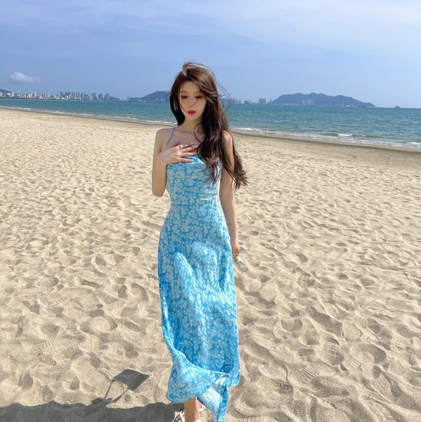 High Quality Holiday Temperament Elegant Sexy Woman Blue Floral Backless Strappy Dress