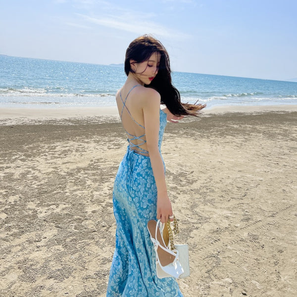 High Quality Holiday Temperament Elegant Sexy Woman Blue Floral Backless Strappy Dress