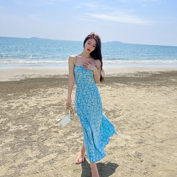 High Quality Holiday Temperament Elegant Sexy Woman Blue Floral Backless Strappy Dress