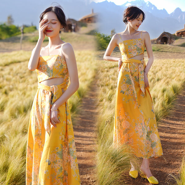 Beautiful Shiny Sweet Women Yellow Oil Painting Printed Sling Strap High Waist Long Dress