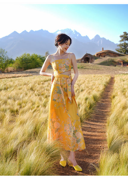 Beautiful Shiny Sweet Women Yellow Oil Painting Printed Sling Strap High Waist Long Dress