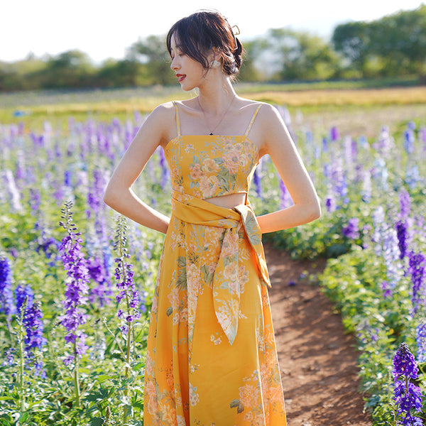 Beautiful Shiny Sweet Women Yellow Oil Painting Printed Sling Strap High Waist Long Dress
