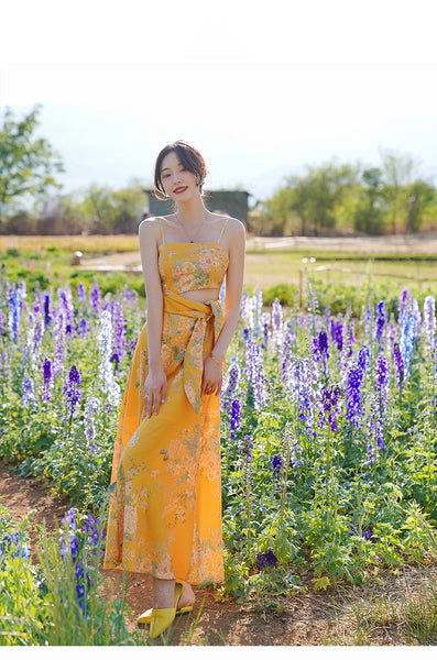 Beautiful Shiny Sweet Women Yellow Oil Painting Printed Sling Strap High Waist Long Dress