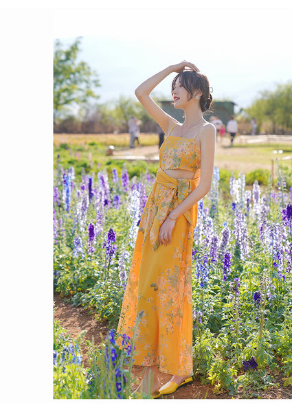 Beautiful Shiny Sweet Women Yellow Oil Painting Printed Sling Strap High Waist Long Dress