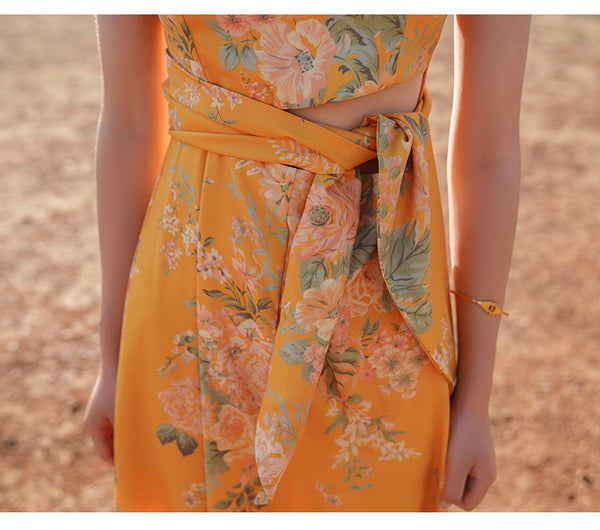 Beautiful Shiny Sweet Women Yellow Oil Painting Printed Sling Strap High Waist Long Dress