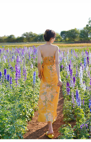 Beautiful Shiny Sweet Women Yellow Oil Painting Printed Sling Strap High Waist Long Dress