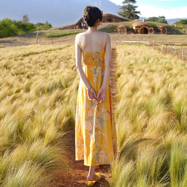 Beautiful Shiny Sweet Women Yellow Oil Painting Printed Sling Strap High Waist Long Dress