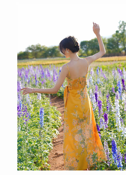 Beautiful Shiny Sweet Women Yellow Oil Painting Printed Sling Strap High Waist Long Dress