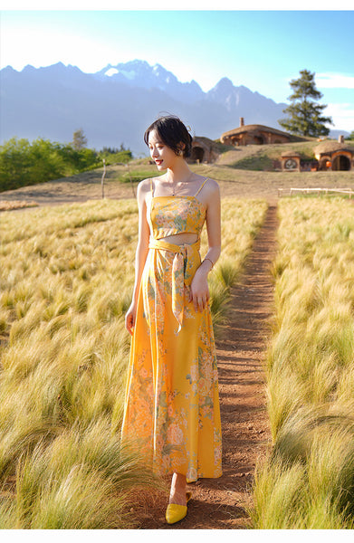 Beautiful Shiny Sweet Women Yellow Oil Painting Printed Sling Strap High Waist Long Dress