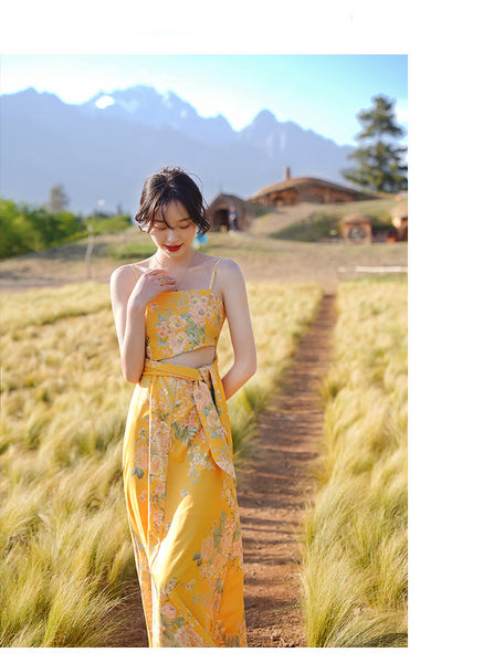 Beautiful Shiny Sweet Women Yellow Oil Painting Printed Sling Strap High Waist Long Dress