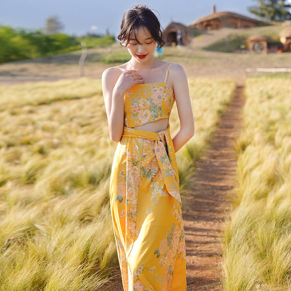 Beautiful Shiny Sweet Women Yellow Oil Painting Printed Sling Strap High Waist Long Dress