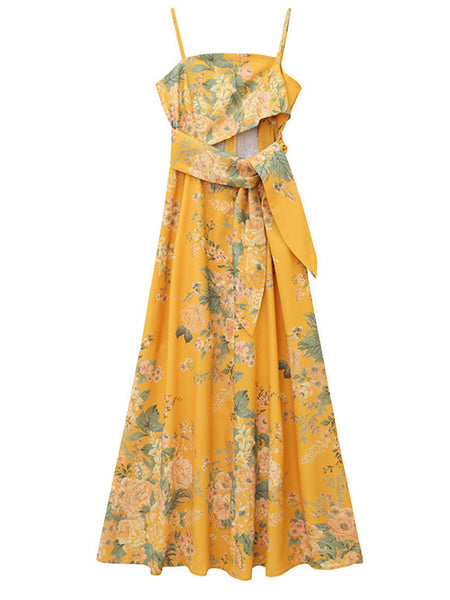 Beautiful Shiny Sweet Women Yellow Oil Painting Printed Sling Strap High Waist Long Dress