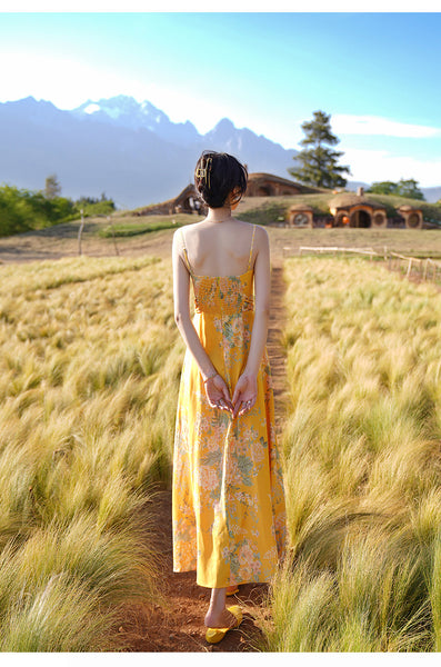 Beautiful Shiny Sweet Women Yellow Oil Painting Printed Sling Strap High Waist Long Dress