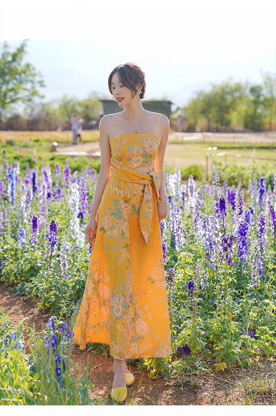 Beautiful Shiny Sweet Women Yellow Oil Painting Printed Sling Strap High Waist Long Dress