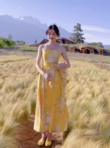 Beautiful Shiny Sweet Women Yellow Oil Painting Printed Sling Strap High Waist Long Dress