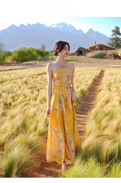 Beautiful Shiny Sweet Women Yellow Oil Painting Printed Sling Strap High Waist Long Dress