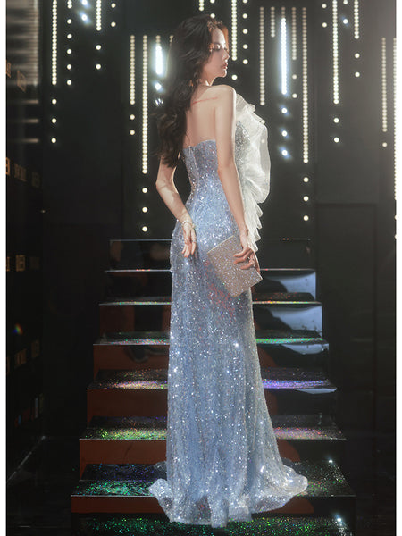 Elegant Beauty Ladies Gradient Blue Color Change Tube Top Off Shoulder Fishtail Show Evening Dress