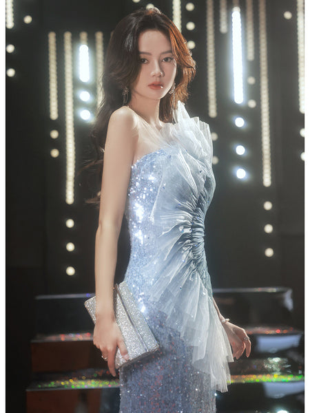 Elegant Beauty Ladies Gradient Blue Color Change Tube Top Off Shoulder Fishtail Show Evening Dress